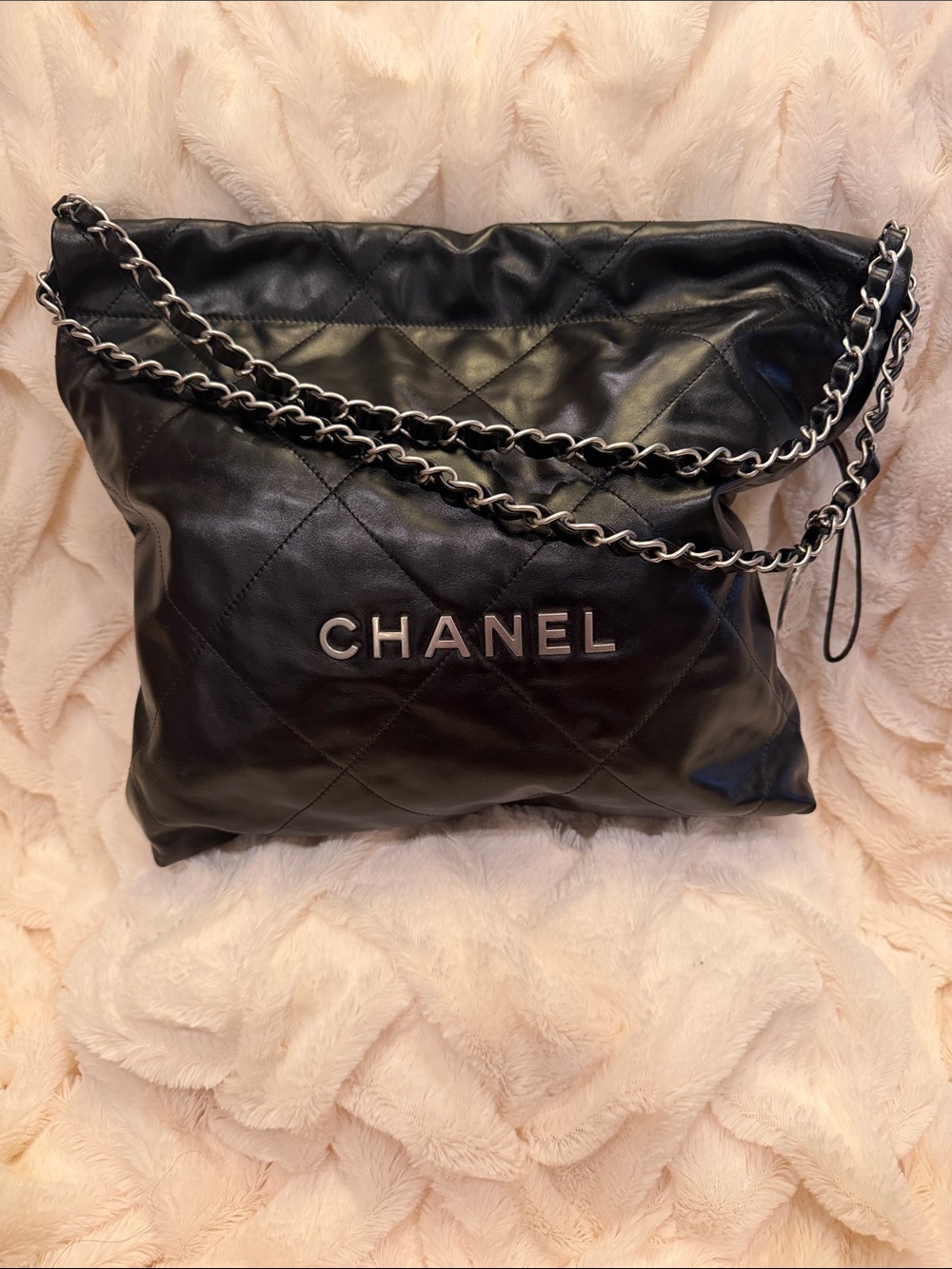 CHANEL Black Quilted Lambskin Shoulder Bag with Silver Chain